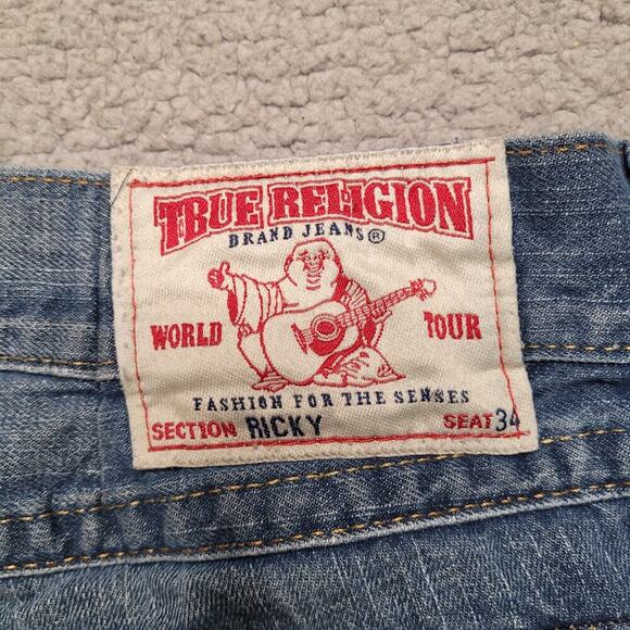 True Religion Ricky Jeans 36x32 Blue Denim Straight Leg Relaxed Whiskers Y2K - Picture 7 of 13